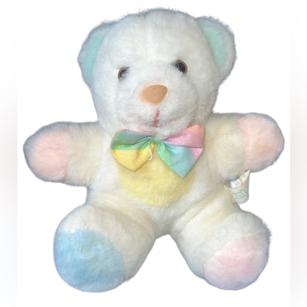 Vintage Bantam Musical Bear Plush 7" *Works* Baby Pastel Ears Paws Wind Up